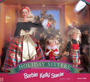 1998 BARBIE HOLIDAY SISTERS Gift Set SPECIAL EDITION w BARBIE KELLY STACIE DOLLS, Cardboard XMAS TREE & Rocking HORSE (1998)